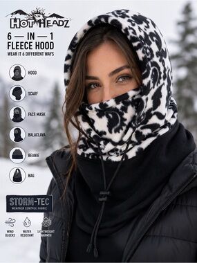 Hot Headz 6-in-1 Fleece Hood Scarf Face Mask Reversible Black White Damask NWT